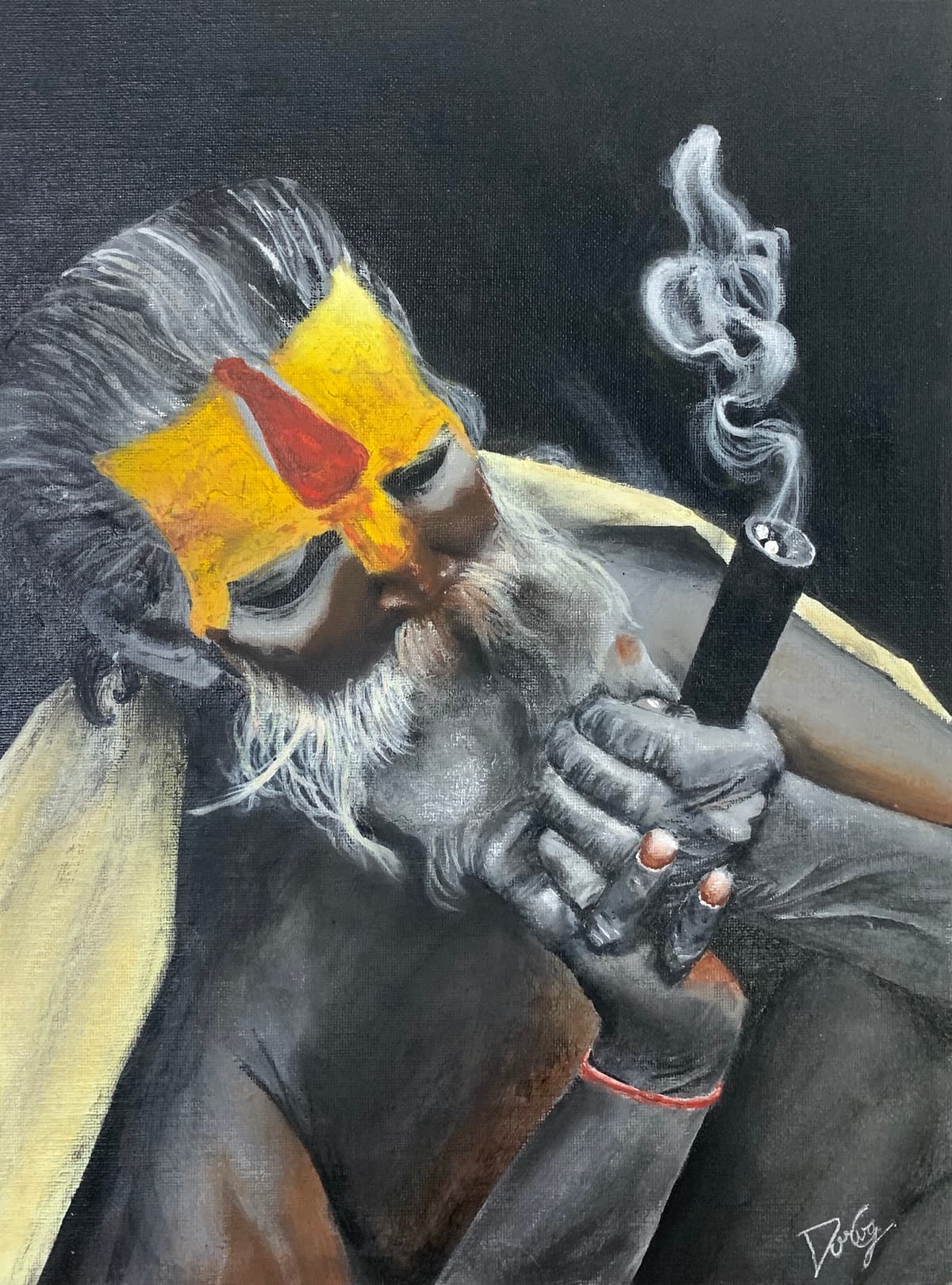 Painting of a sadhu smoking a chillum