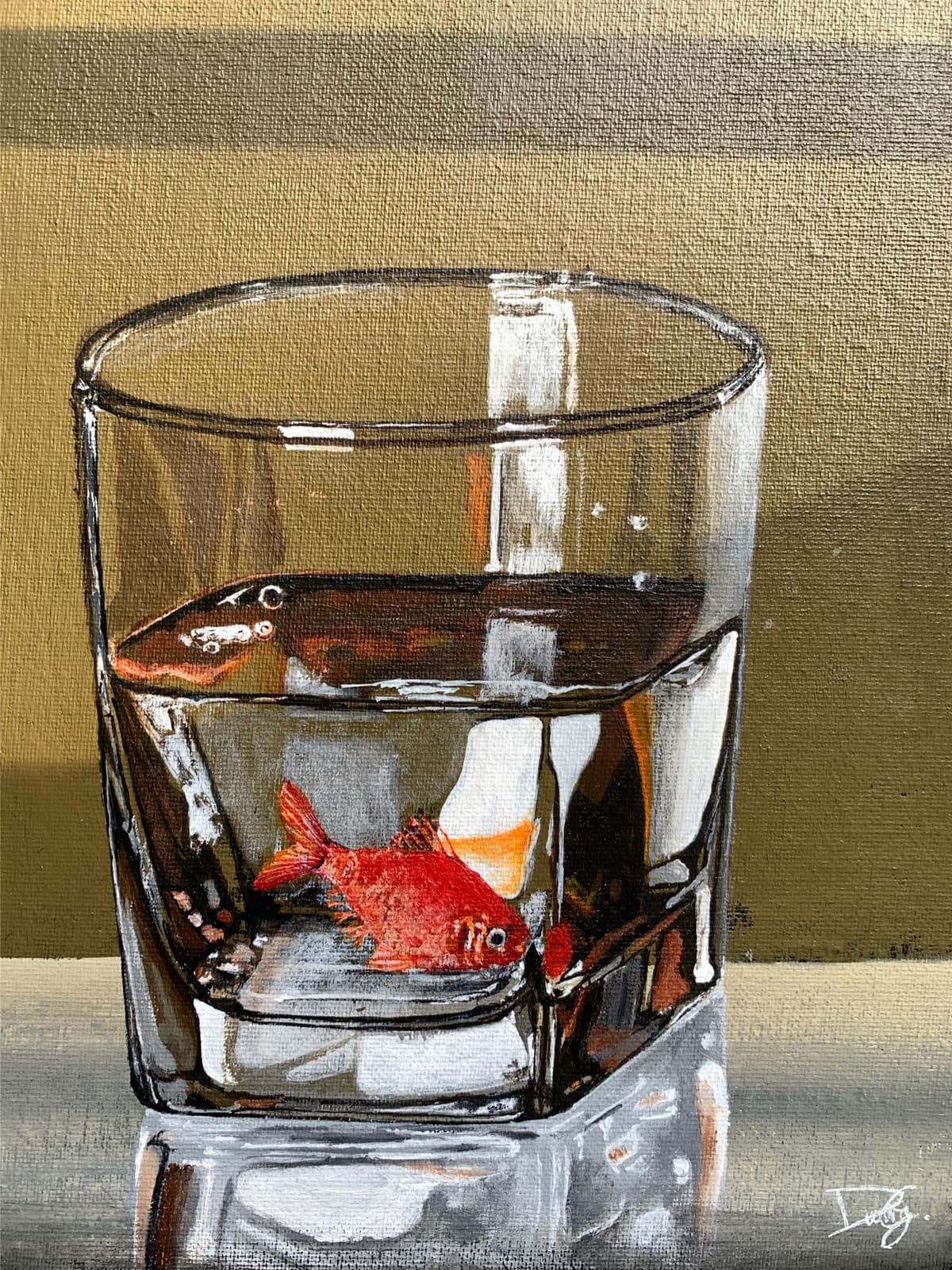 Painting of a goldfish in a whiskey glass