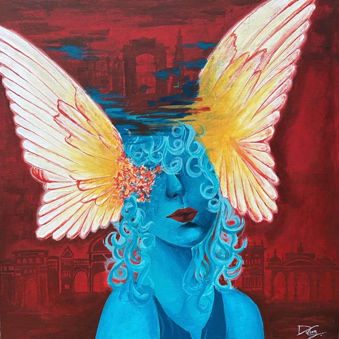 Painting of a blue-skinned woman with wings
