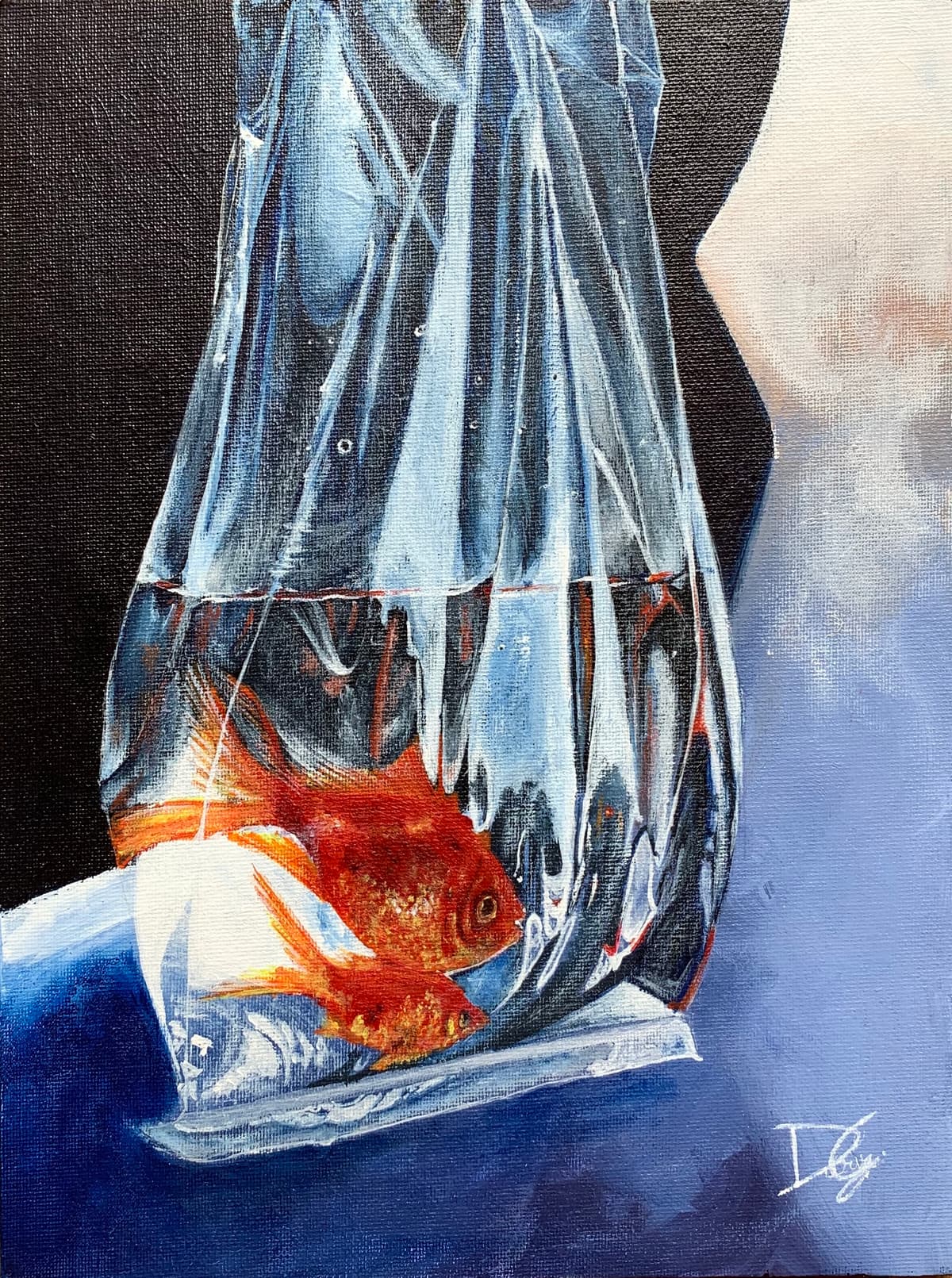 Painting of a goldfish in a plastic bag