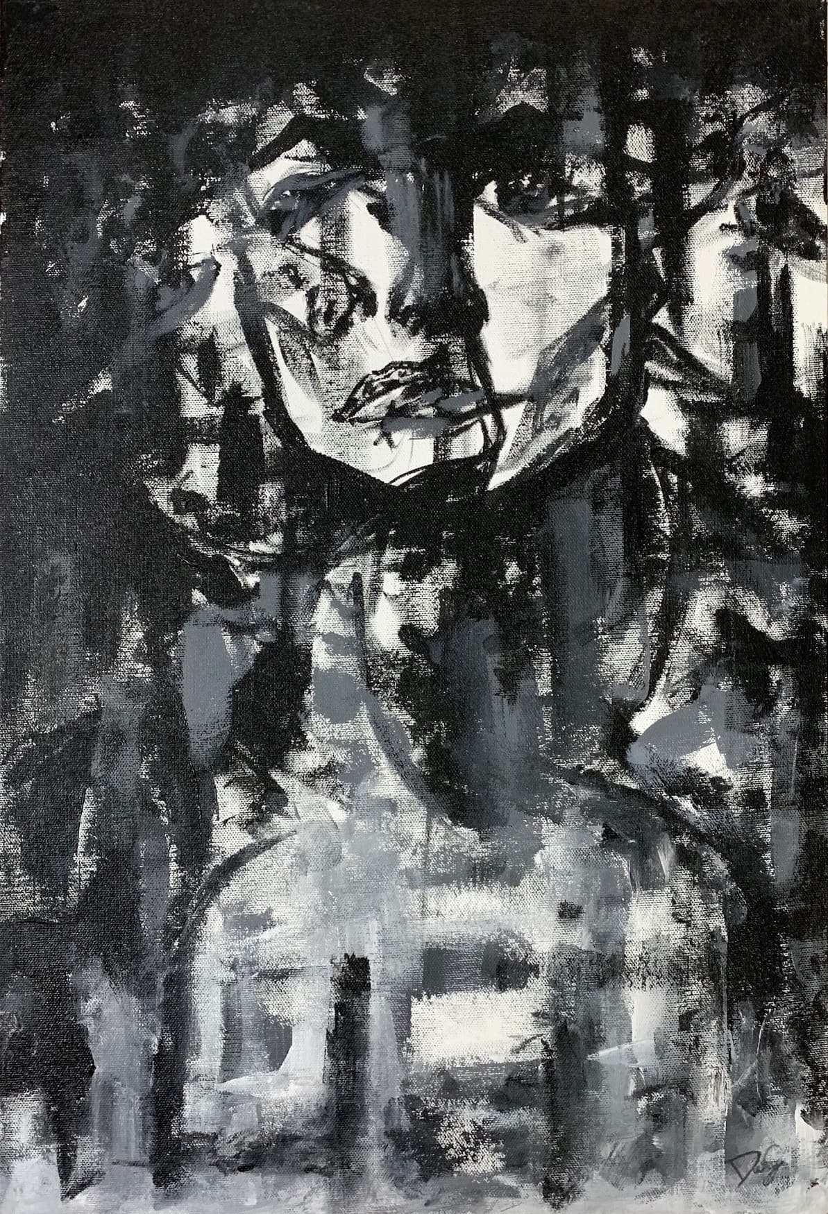 Black and white painting of overlapping faces