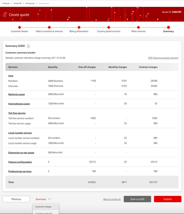 Vodafone quotation tool screen