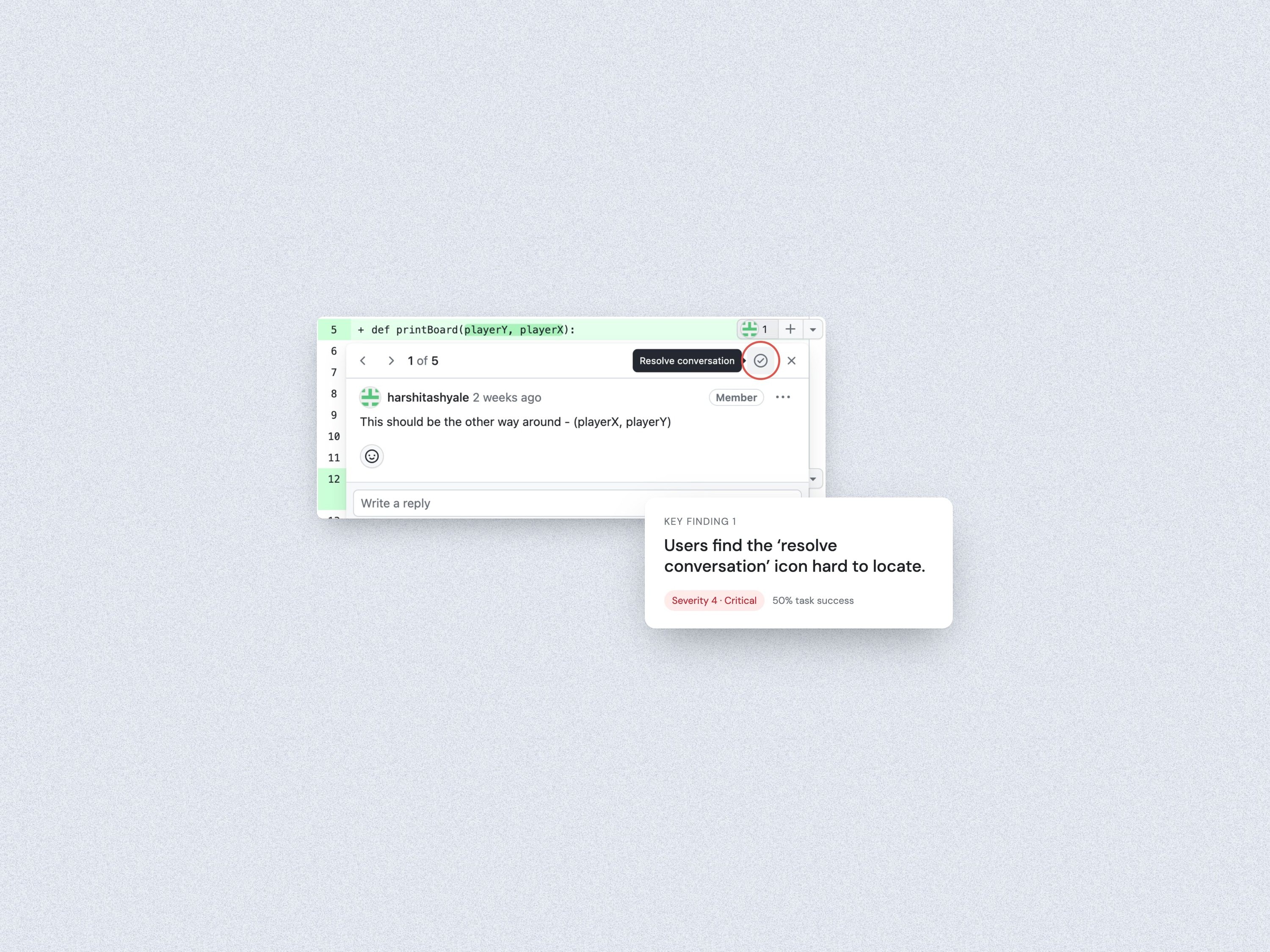 A GitHub review comment with its resolve icon circled, and the key finding that users find it hard to locate