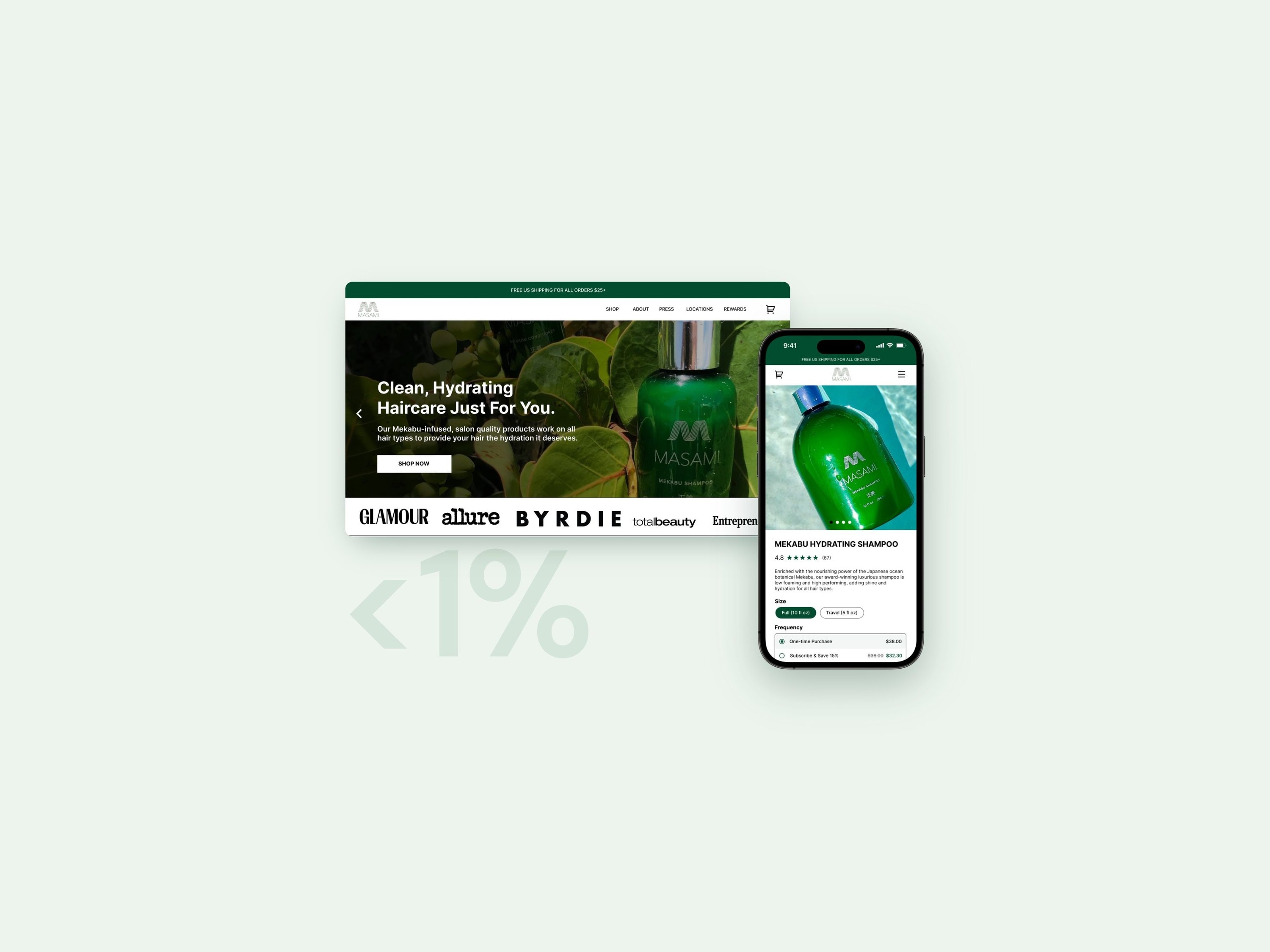 Masami's home page and product page, with the problems the redesign tackled: missing primary CTA, confusing navigation, under 1% conversion