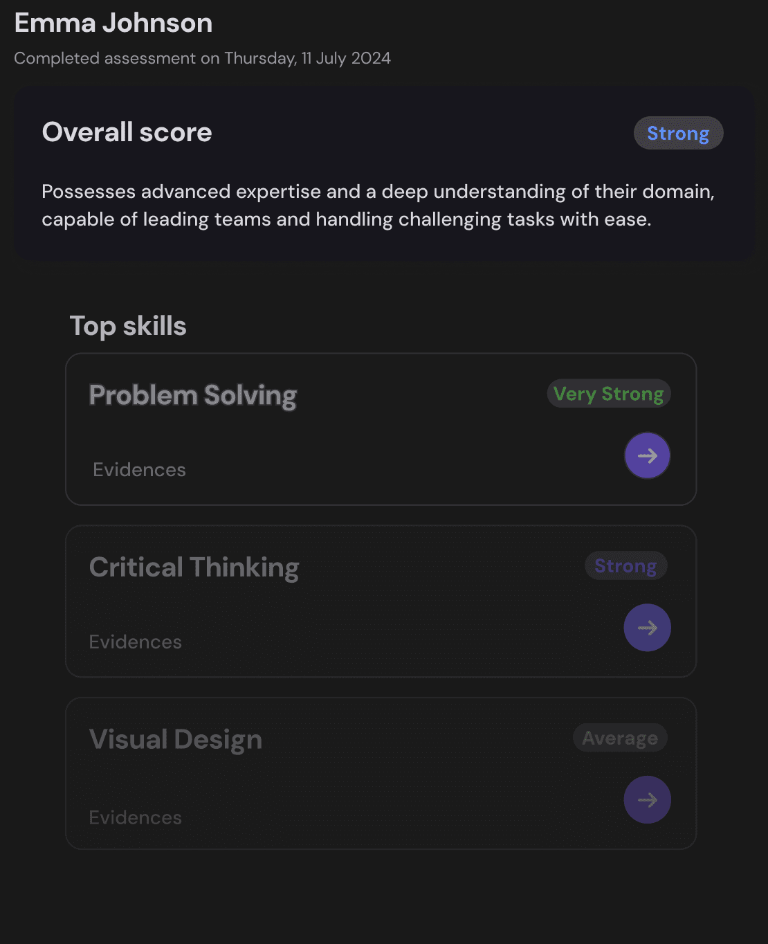 Emma Johnson's summary: an overall score of Strong, then her top skills, each with its evidence