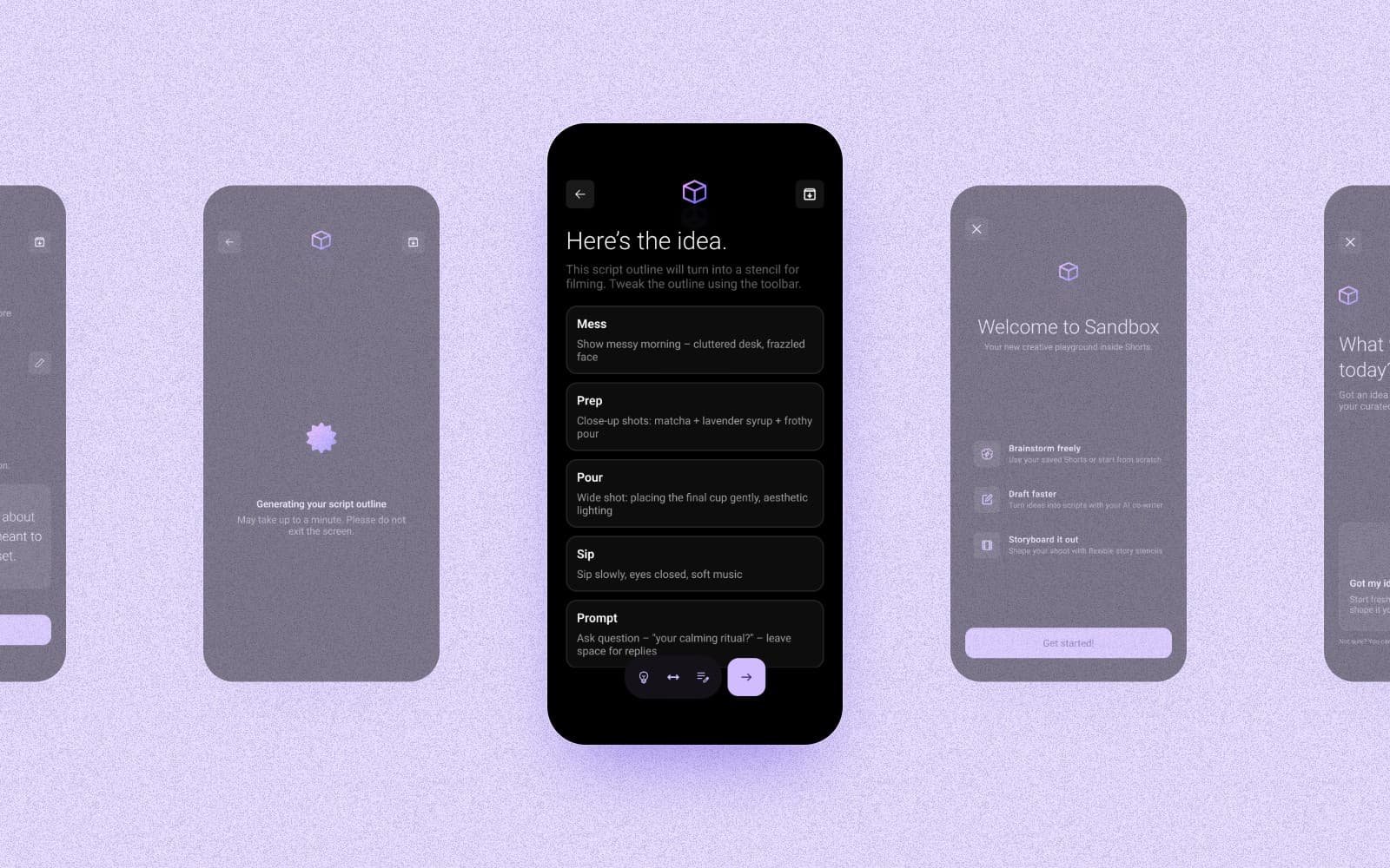 Sandbox's screens on phones in a row, its script outline in the middle