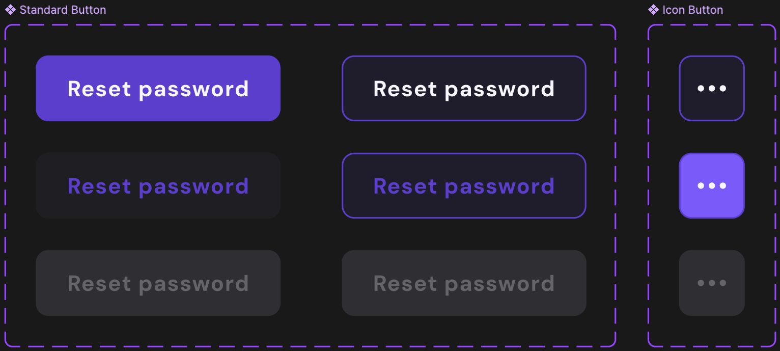 Button components: primary, secondary and disabled, plus icon buttons