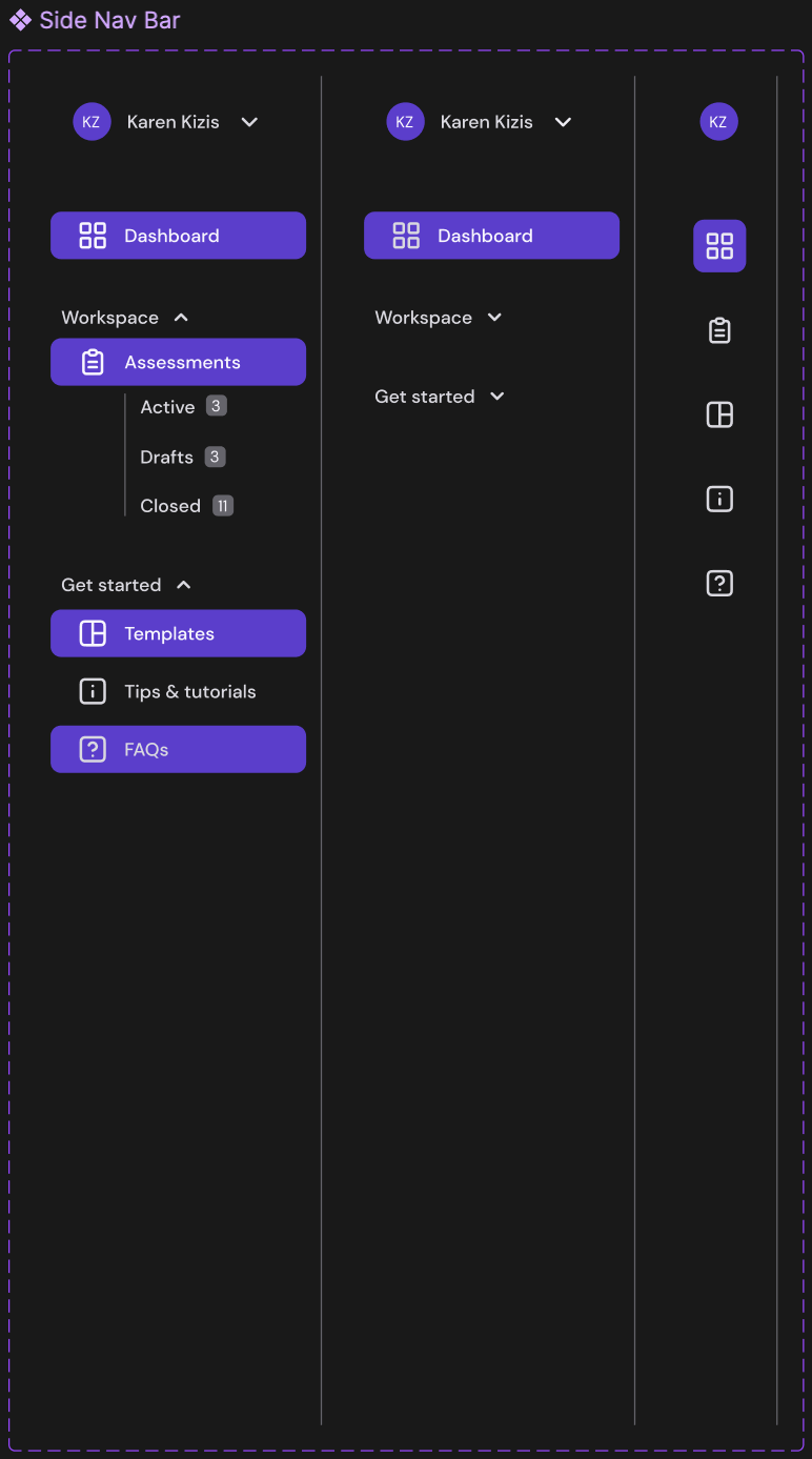 The side nav bar, expanded, collapsed and as icons only