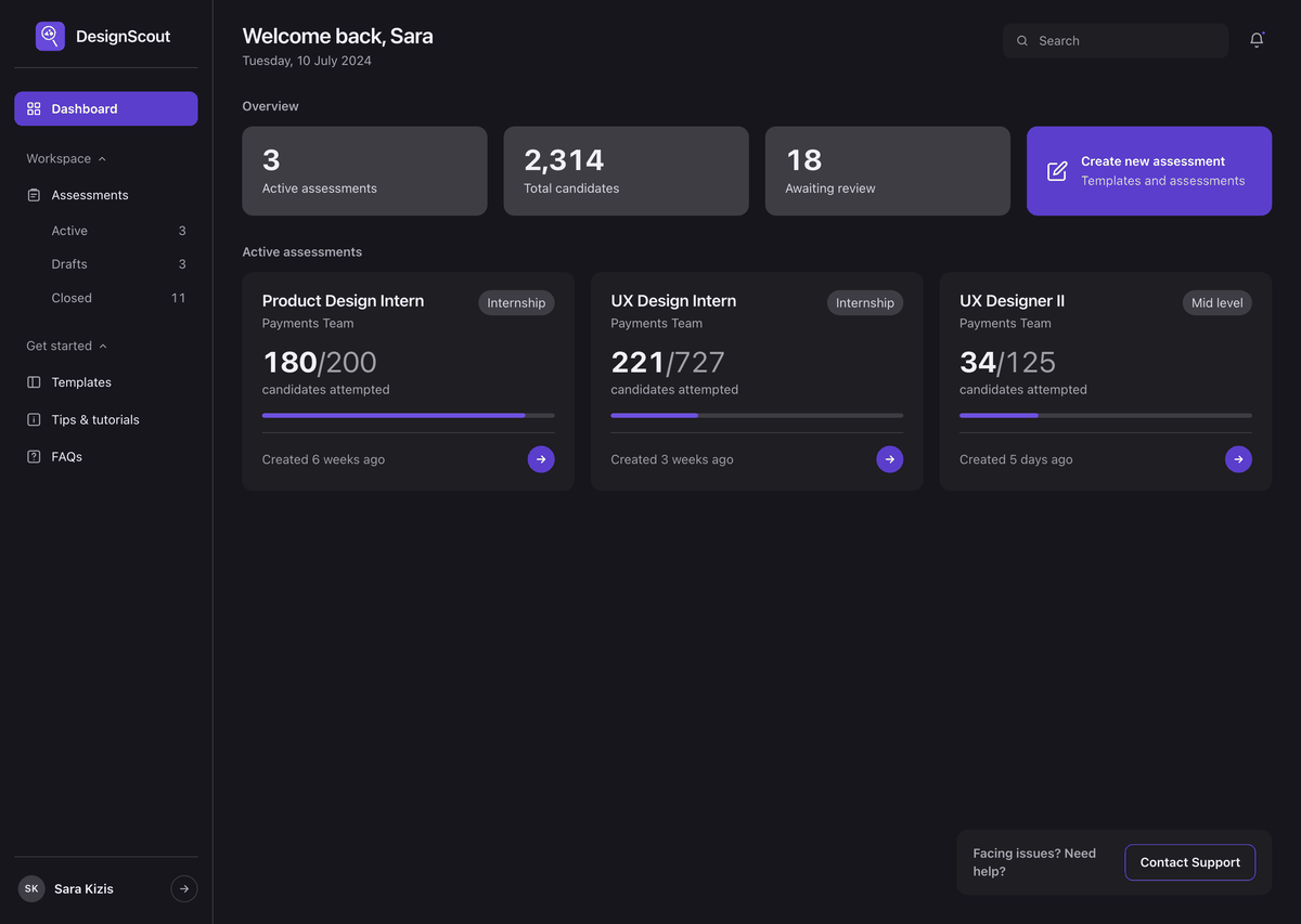 DesignScout walkthrough — dashboard, templates, AI-ranked candidates, evidence and shortlist